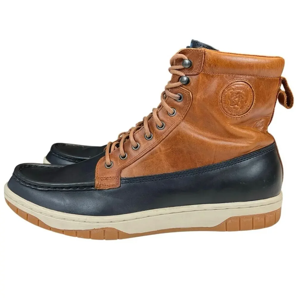 Diesel Tatradium Club Tatra Leather Boots Mens 12 Brown Navy Blue Moc Toe Y00839